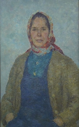 Grigori Izrailevich Tseitlin (Russian, 1911-1999), oil on board, Impressionist half length portrait of a lady, unsigned, label verso, 77 x 47cm, gilt framed. Condition - good